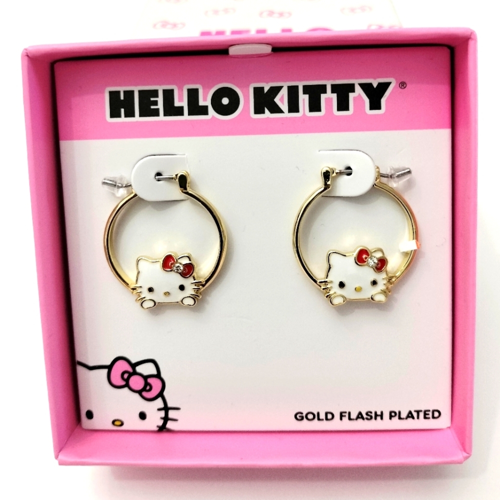 Hello Kitty Hoop Gold Plated and Enamel Earrings, New.